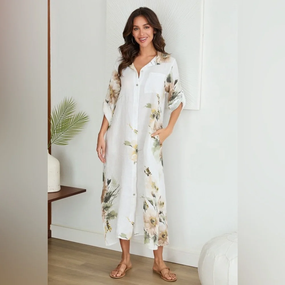 (5-42-MAGNOLIA-BGE) BUTTON DOWN LONG MAGNOLIA FLOWERS LINEN DRESS - Picture 3 of 5